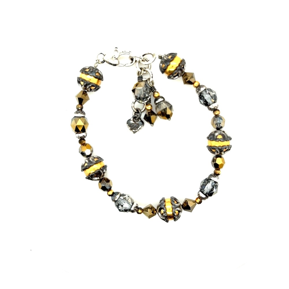 Brighton Mixed Metal Beaded Bracelet Gold Silver Tone Crystal Heart Charm 7.5-8"